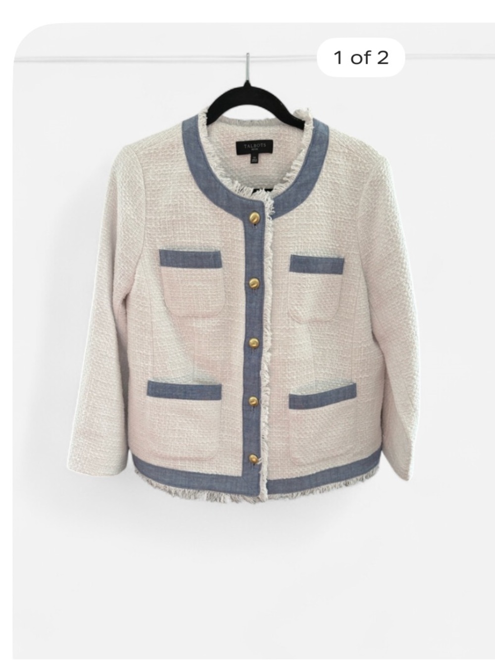 Talbots tweed blazer size 12P lined white blue old money office corp preppy boho